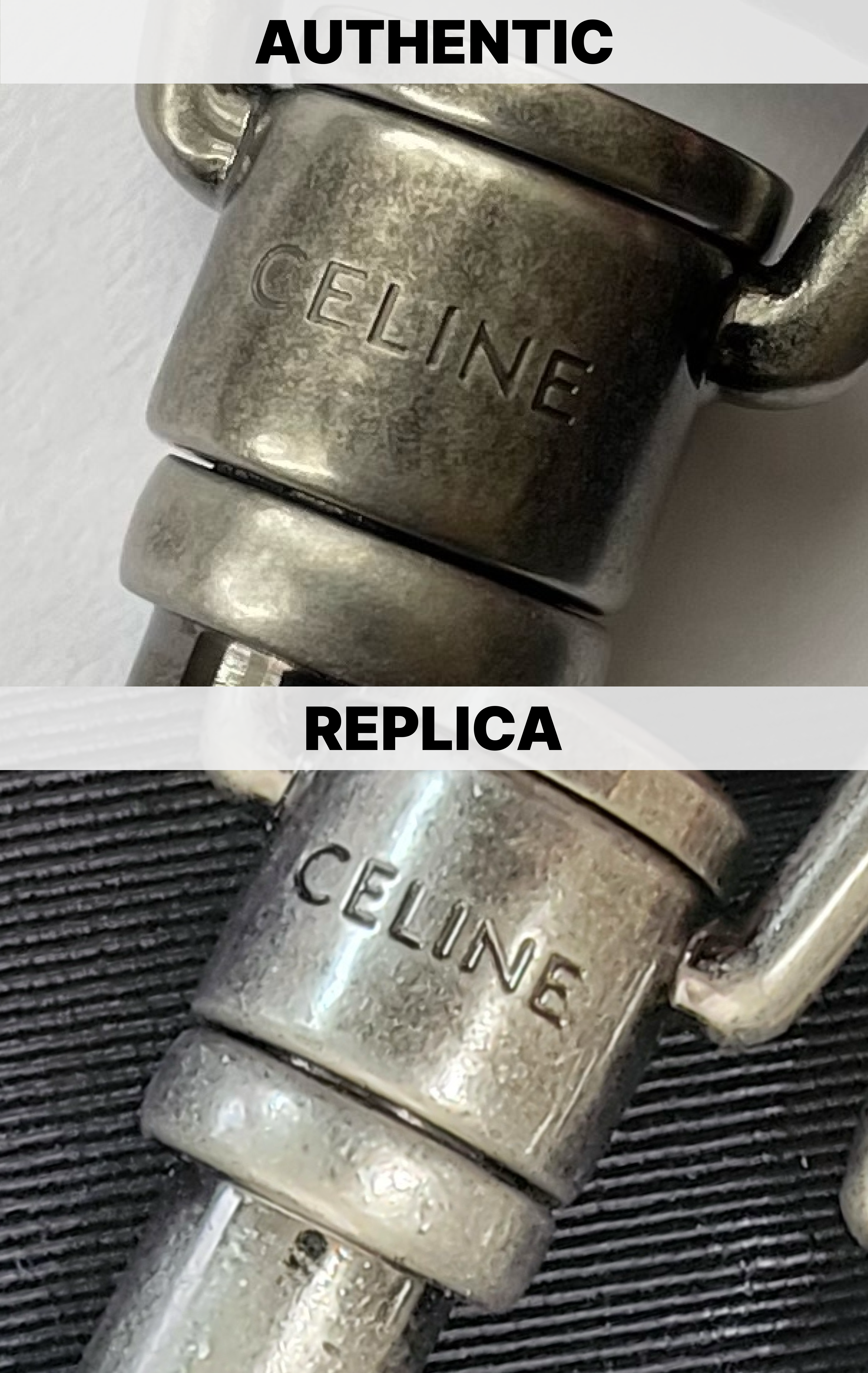 2024 Definitive Celine Luggage Bag Authentication Guide > A Deep Dive Into the Details > Shoulder strap clasp engravings